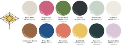 Twelve paint dollop graphics depicting the colors of the Paradox palette: Egret White, Dragon Fruit, Talipot Palm, Inkwell, Slow Green, Alabaster, Antiquarian Brown, Frank Blue, Rejuvenate, Quilt Gold, Cascades, and Euphoric Lilac.