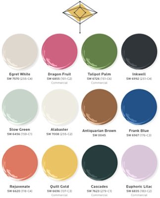 Twelve paint dollop graphics depicting the colors of the Paradox palette: Egret White, Dragon Fruit, Talipot Palm, Inkwell, Slow Green, Alabaster, Antiquarian Brown, Frank Blue, Rejuvenate, Quilt Gold, Cascades, and Euphoric Lilac.