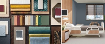 Left image: Flat lay moodboard featuring color samples from the Wellspring palette and swatches of fabric, decor, and more. Right image: Modern hospital room with neatly made bed, armchair, potted palm in the corner, and walls painted in the color Outerspace.