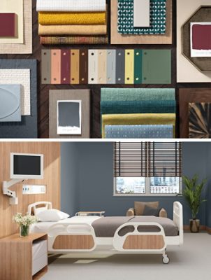 Top image: Flat lay moodboard featuring color samples from the Wellspring palette and swatches of fabric, decor, and more. Bottom image:  Modern hospital room with neatly made bed, armchair, potted palm in the corner, and walls painted in the color Outerspace.