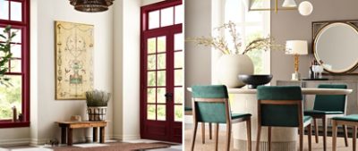 Left image: High-ceilinged entryway with French doors and transom painted in the color Borscht, black and white checkerboard tile floor, and walls in Oyster White. Right image: Dining room with Warm Stone walls and Oyster White trim, an oval pedestal dining table with oversize centerpiece and green velvet chairs in front of carved sideboard.