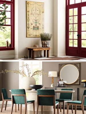 Top image:  High-ceilinged entryway with French doors and transom painted in the color Borscht, black and white checkerboard tile floor, and walls in Oyster White. Bottom image: Dining room with Warm Stone walls and Oyster White trim, an oval pedestal dining table with oversize centerpiece and green velvet chairs in front of carved sideboard.