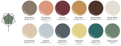 Twelve paint dollop graphics depicting the colors of the Wellspring palette: Warm Stone, Persimmon, Borscht, Bosc Pear, French Roast, Oyster White, Tres Naturale, Upward, Outerspace, Chartreuse, Green Bay, and Gallery Green.