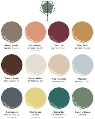 Twelve paint dollop graphics depicting the colors of the Wellspring palette: Warm Stone, Persimmon, Borscht, Bosc Pear, French Roast, Oyster White, Tres Naturale, Upward, Outerspace, Chartreuse, Green Bay, and Gallery Green.