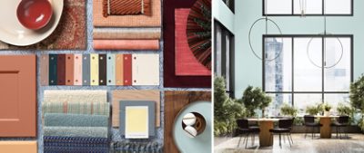 Left image: Flat lay moodboard featuring color samples from the Kindred palette and swatches of fabric, decor, and more. Right image: Spacious commercial dining area with tables surrounded by trees and greenery, circular pendant lighting, and large windows overlooking a cityscape.