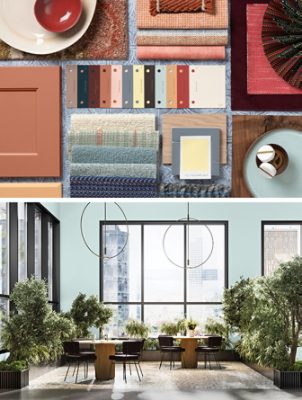 Top image: Flat lay moodboard featuring color samples from the Kindred palette and swatches of fabric, decor, and more. Bottom image: Spacious commercial dining area with tables surrounded by trees and greenery, circular pendant lighting, and large windows overlooking a cityscape.