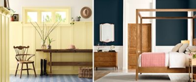Left image: Cheerful yellow entryway with Icy Lemonade paneling and trim, rustic wooden chair and long table, and blue tile floor. Right image: Bedroom with natural wood furnishings, four poster bed, Dark Night blue walls, Creamy trim and wainscoting, and a light blue ceiling of Tidewater.