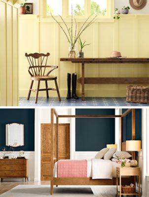Top image: Cheerful yellow entryway with Icy Lemonade paneling and trim, rustic wooden chair and long table, and blue tile floor. Bottom image: Bedroom with natural wood furnishings, four poster bed, Dark Night blue walls, Creamy trim and wainscoting, and a light blue ceiling of Tidewater.