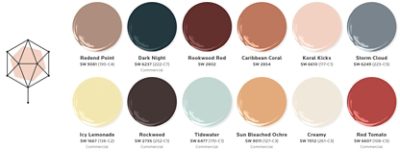 Twelve paint dollop graphics depicting the colors of the Kindred palette: Redend Point, Dark Night, Rookwood Red, Caribbean Coral, Koral Kicks, Storm Cloud, Icy Lemonade, Rockweed, Tidewater, Sun Bleached Ochre, Creamy, and Red Tomato.
