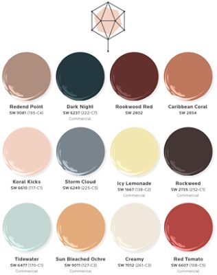 Twelve paint dollop graphics depicting the colors of the Kindred palette: Redend Point, Dark Night, Rookwood Red, Caribbean Coral, Koral Kicks, Storm Cloud, Icy Lemonade, Rockweed, Tidewater, Sun Bleached Ochre, Creamy, and Red Tomato.