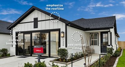 Home exterior with contrasting Pure White painted vertical siding and black Caviar trim, windows, and sliding glass front entry doors.