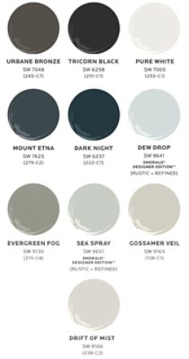 Graphic of ten paint dollops representing Lee Crowder’s top picks for home exterior paint colors.