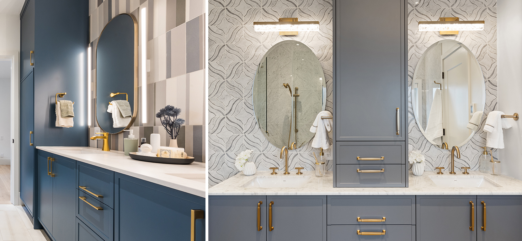 Residential bathroom vanity spaces with rounded mirrors, painted cabinetry, metallic hardware and patterned wallpaper.