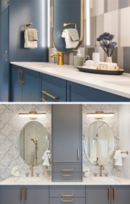 Residential bathroom vanity spaces with rounded mirrors, painted cabinetry, metallic hardware and patterned wallpaper.