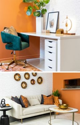 Colorful home office space and living room with African-inspired decor, bright orange accent wall, and white, bronze, black, and teal accents.