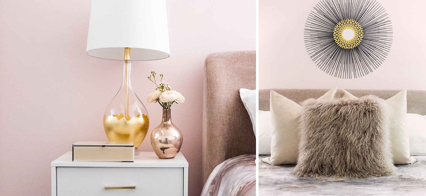 Detail shots of pink bedroom with nightstand, gold and rose-gold metallic accents, and faux fur decorative throw pillow.