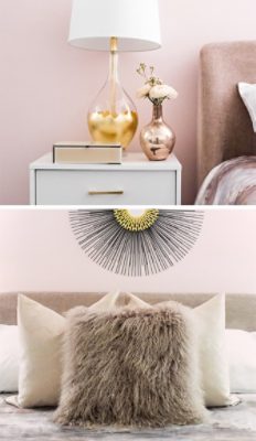 Detail shots of pink bedroom with nightstand, gold and rose-gold metallic accents, and faux fur decorative throw pillow.