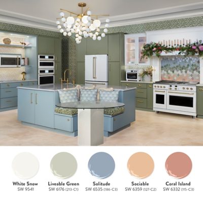 A modern kitchen staged at KBIS with pastel-toned cabinetry, a bubble chandelier, and colorful hexagonal tile backsplash. Swatches of similar paint colors from Colormix 2026: White Snow, Liveable Green, Solitude, Sociable, Coral Island.