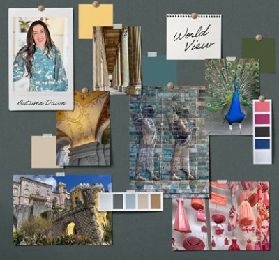 A pinboard of room imagery and paint samples alongside Autumn Dawn’s headshot and the name of her signature Rewild palette, “World View.”