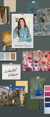 A pinboard of room imagery and paint samples alongside Autumn Dawn’s headshot and the name of her signature Rewild palette, “World View.”