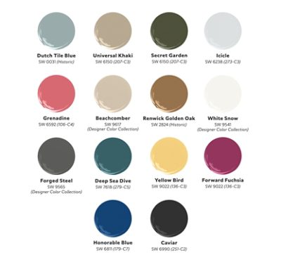 Graphic of fourteen paint dollops of Autumn Dawn’s World View palette, including Dutch Tile Blue, Universal Khaki, Secret Garden, Icicle, Grenadine, Beachcomber, Renwick Golden Oak, White Snow, Forged Steel, Deep Sea Dive, Yellow Bird, Forward Fuchsia, Honorable Blue, and Caviar.