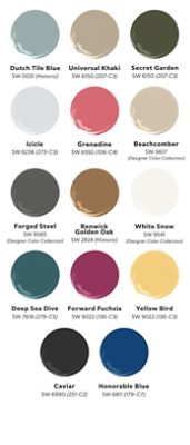 Graphic of fourteen paint dollops of Autumn Dawn’s World View palette, including Dutch Tile Blue, Universal Khaki, Secret Garden, Icicle, Grenadine, Beachcomber, Renwick Golden Oak, White Snow, Forged Steel, Deep Sea Dive, Yellow Bird, Forward Fuchsia, Honorable Blue, and Caviar.