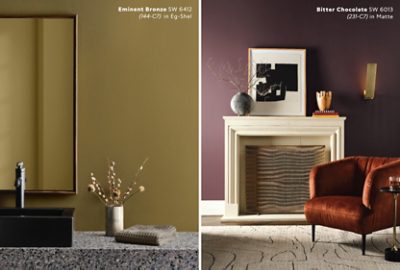 Side-by-side images of a bathroom painted Sherwin-Williams Eminent Bronze and a Bitter Chocolate–painted living room with rust-colored chair and a fireplace.