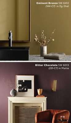 Side-by-side images of a bathroom painted Sherwin-Williams Eminent Bronze and a Bitter Chocolate–painted living room with rust-colored chair and a fireplace.
