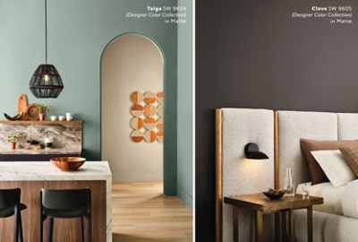Side-by-side images featuring a modern kitchen painted Sherwin-Williams Taiga and a bedroom with Clove-painted walls and an upholstered headboard.