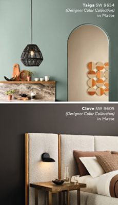 Side-by-side images featuring a modern kitchen painted Sherwin-Williams Taiga and a bedroom with Clove-painted walls and an upholstered headboard.