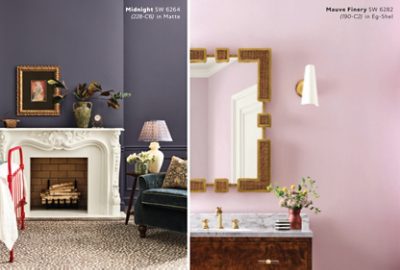 Side-by-side images of a bedroom painted Sherwin-Williams Midnight with fireplace and red metal bedframe and a bathroom vanity with Mauve Finery walls.