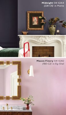 Side-by-side images of a bedroom painted Sherwin-Williams Midnight with fireplace and red metal bedframe and a bathroom vanity with Mauve Finery walls.