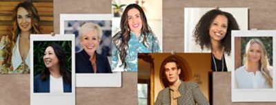 A pinboard with the headshots of the interior designers featured in the article.