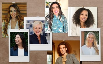 A pinboard with the headshots of the interior designers featured in the article.