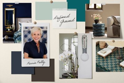 A pinboard of room imagery and paint samples alongside Kerrie Kelly’s headshot and the name of her signature Rewild palette, “Refined Ground.”