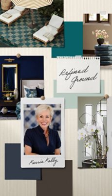 A pinboard of room imagery and paint samples alongside Kerrie Kelly’s headshot and the name of her signature Rewild palette, “Refined Ground.”
