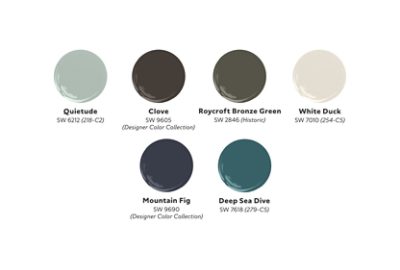 Graphic of six paint dollops of Kerrie Kelly’s Refined Ground palette, including Quietude, Clove, Roycroft Bronze Green, White Duck, Mountain Fig, and Deep Sea Dive.