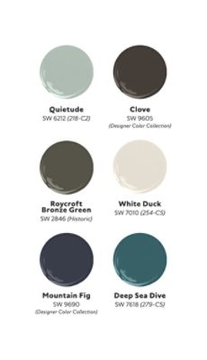 Graphic of six paint dollops of Kerrie Kelly’s Refined Ground palette, including Quietude, Clove, Roycroft Bronze Green, White Duck, Mountain Fig, and Deep Sea Dive.