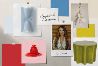 A pinboard of room imagery and paint samples alongside Kim Lewis’s headshot and the name of her signature Rewild palette, “Curated Chroma.”