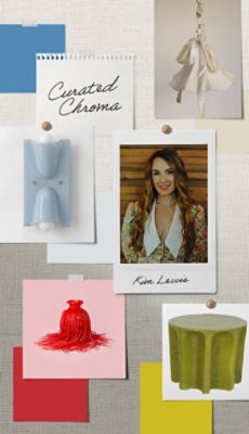 A pinboard of room imagery and paint samples alongside Kim Lewis’s headshot and the name of her signature Rewild palette, “Curated Chroma.”