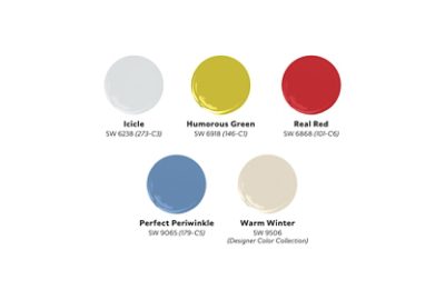 Graphic of five paint dollops of Kim Lewis’s Curated Chroma palette, including Icicle, Humorous Green, Real Red, Perfect Periwinkle, and Warm Winter.