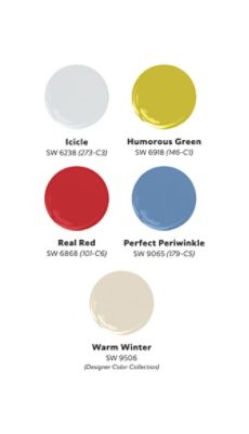 Graphic of five paint dollops of Kim Lewis’s Curated Chroma palette, including Icicle, Humorous Green, Real Red, Perfect Periwinkle, and Warm Winter.