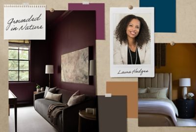 A pinboard of room imagery and paint samples alongside Laura Hodges’s headshot and the name of her signature Rewild palette, “Grounded in Nature.”