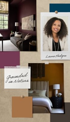 A pinboard of room imagery and paint samples alongside Laura Hodges’s headshot and the name of her signature Rewild palette, “Grounded in Nature.”