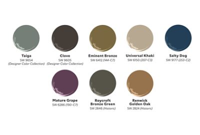 Graphic of eight paint dollops of Laura Hodges’s Grounded in Nature palette, including Taiga, Clove, Eminent Bronze, Universal Khaki, Salty Dog, Mature Grape, Roycroft Bronze Green, and Renwick Golden Oak.