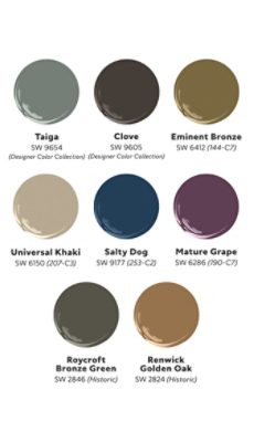 Graphic of eight paint dollops of Laura Hodges’s Grounded in Nature palette, including Taiga, Clove, Eminent Bronze, Universal Khaki, Salty Dog, Mature Grape, Roycroft Bronze Green, and Renwick Golden Oak.