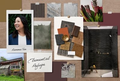 A pinboard of room imagery and paint samples alongside Ramona Tan’s headshot and the name of her signature Rewild palette, “Elemental Refuge.”