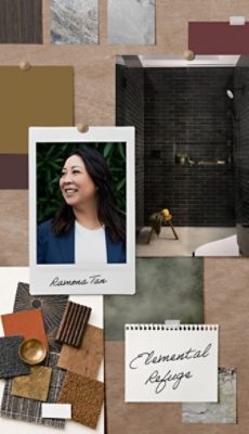 A pinboard of room imagery and paint samples alongside Ramona Tan’s headshot and the name of her signature Rewild palette, “Elemental Refuge.”