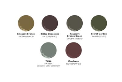 Graphic of six paint dollops of Ramona Tan’s Elemental Refuge palette, including Eminent Bronze, Bitter Chocolate, Roycroft Bronze Green, Secret Garden, Taiga, and Cordovan.