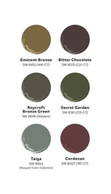 Graphic of six paint dollops of Ramona Tan’s Elemental Refuge palette, including Eminent Bronze, Bitter Chocolate, Roycroft Bronze Green, Secret Garden, Taiga, and Cordovan.